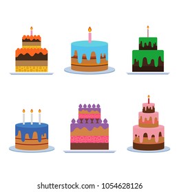 Birthday cake vector. Sweet cream pie with candles on white background. Vector illustration for birthday, party, celebration