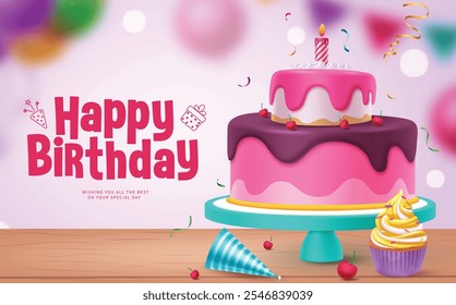 Birthday cake vector template design. Happy birthday greeting text with strawberry and cherry cake party decoration elements. Vector illustration invitation card clip art. 
