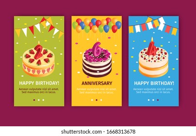 Birthday cake vertical banners set with anniversary symbols isometric isolated vector illustration