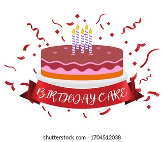 Birthday cake with wax, ribbons background. Used for parties.