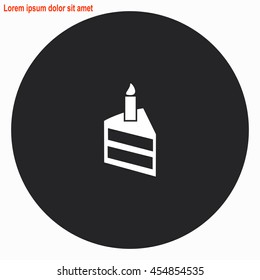 Birthday cake web icon. Gray circle button with white illustration.