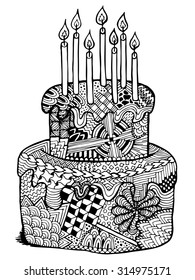 Birthday cake zentangle illustration. Hand drawn zenart cake with candles. Happy birthday vector can be used for web design, textile cloth, birthday party card and invitations and printed products.