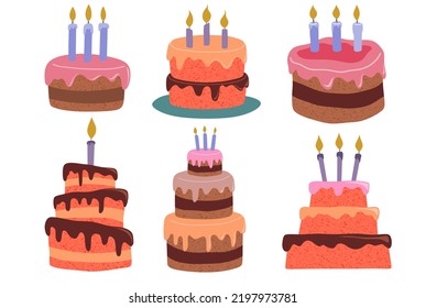 Birthday cakes big set. Vector illustration.