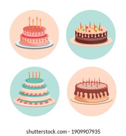 birthday cakes with candles and delicious cream vector illustration