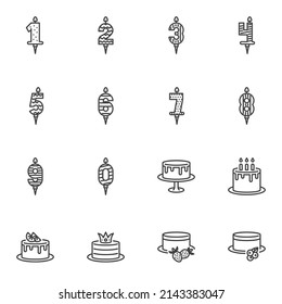 Birthday cakes and candles line icons set, outline vector symbol collection, linear style pictogram pack. Signs, logo illustration. Set includes icons as fruit cake with burning candles