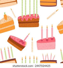 Birthday cakes with candles seamless pattern. Celebration various bakery piece treat. Holiday pastry dessert slices with cream endless background. Vector festive flat repeat cover illustration.