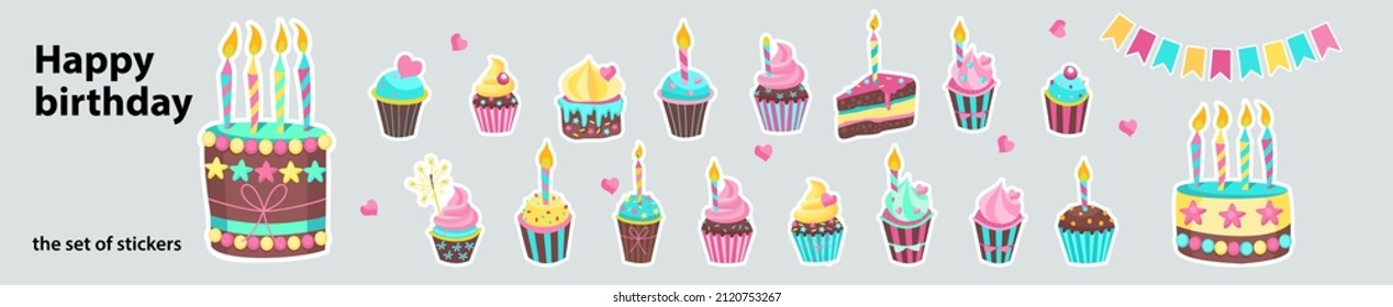 Birthday cakes with candles. A set of vector stickers, cliparts.