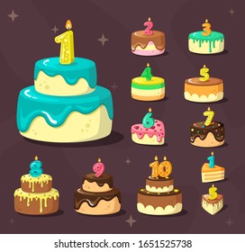 birthday cakes. celebration delicious dessert with anniversary numbers and party candles. vector cartoon birthday set