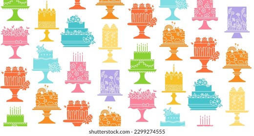 Birthday cakes celebration desserts seamless pattern. Party delicious cupcake sweet bakery boundless background. Holiday decoration cake abstract ornament pastries endless texture happy cartoon vector