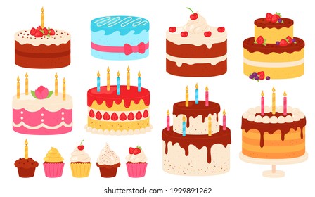 Birthday cakes. Chocolate and pink cake with cream icing and candles. Cartoon sweet cupcakes for party. Happy anniversary vector set. Birthday cake dessert with cream, bakery delicious illustration