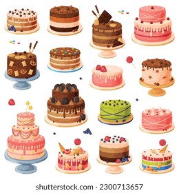 Colección de pasteles de cumpleaños. Dibujo vectorial de postres festivos deliciosos