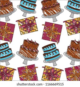 birthday cakes cream fruits and gifts pattern