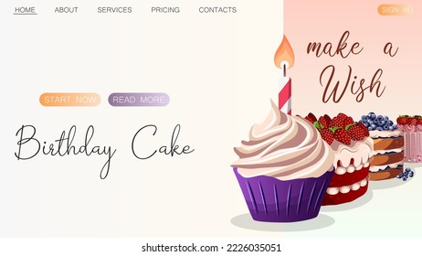 Birthday cakes, cupcake with candle, pastry isolated. Baking, bakery shop, cooking, sweet products, dessert, pastry, Birthday concept. Vector illustration for poster, banner, website, advertising