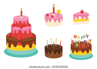 Birthday cakes design vector set. Birthday cake collection with colorful and yummy flavor. Party elements. Vector illustration 