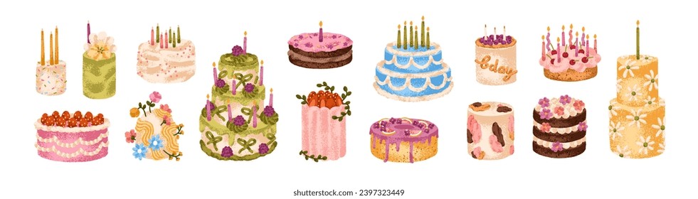 Diseños de pasteles de cumpleaños. Dulces postres vacacionales con velas de fiesta, crema, bayas, flores y decoración. Cocina moderna. Ilustraciones gráficas planas vectoriales aisladas en fondo blanco.