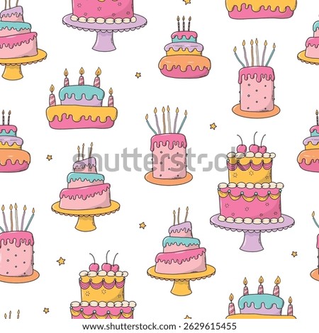 birthday cakes doodles seamless pattern for gift wrap, backgrounds, wallpaper, scrapbooking, stationery, textile prints, cards, banners, etc. EPS 10