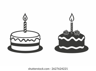 birthday Cakes Festive Celebration Desserts with Candles black and white vector illustration