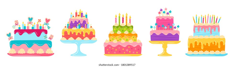 Birthday cakes flat set. Cartoon colorful delicious desserts. Party design elements, candles and chocolate slices, cream. Holiday party sweets pie. Vector illustration isolated on white background