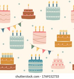 Birthday cakes. Flat vector seamless pattern. 