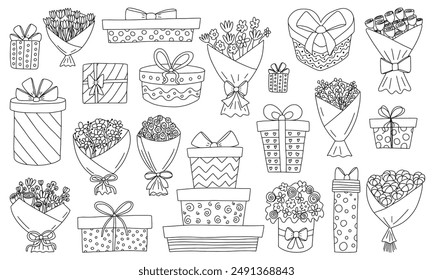 Birthday cakes and gift boxes in hand drawn style vector set