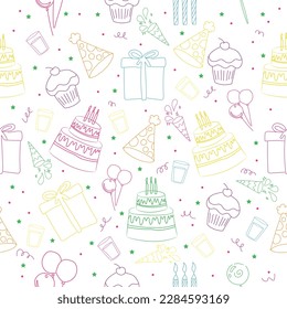 Birthday cakes with gifts and party decor on white background. P