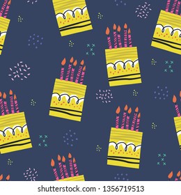 Birthday cakes hand drawn seamless pattern. Anniversary desserts with burning candles ornament. Presents and gifts festive wrapping paper. Muffin, cupcake with confetti vector illustration