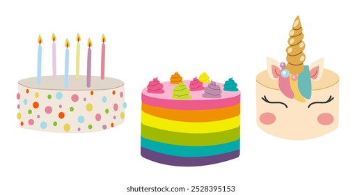 Birthday Cakes isolated on white. Vector for postcards and stickers flat illustration for celebration ,birthday party.