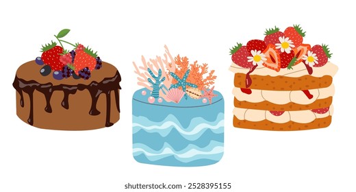 Birthday Cakes isolated on white. Vector for postcards and stickers flat illustration for celebration ,birthday party.