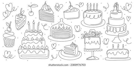 Birthday cakes in line art. Continuous arts of bakery, cupcake with cream and piece of pie. Contemporary minimalist desserts. Design elements