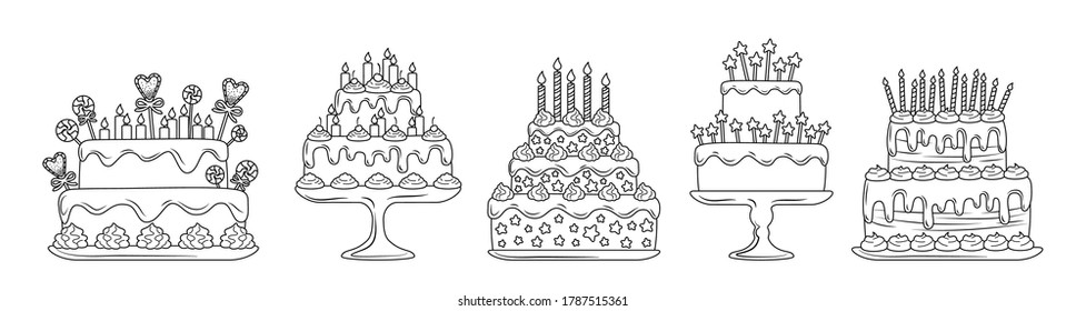 Pasteles de cumpleaños lineales. Los postres son deliciosos. Elementos de diseño de pastel de fiesta, velas y rodajas de chocolate, crema. Dulces de fiesta. Ilustración del vector aislada en fondo blanco