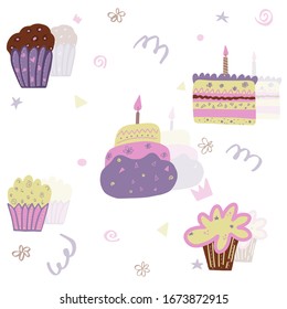 Birthday cakes and muffins. Cute pictures with images of sweets.