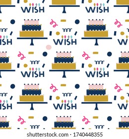 Birthday cakes, pies, desserts hand drawn seamless vector fill. Cute childish drawing. Baby wrapping paper, textile, vector illustration 
