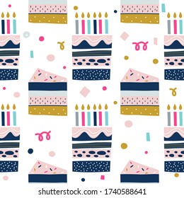 Birthday cakes, pies, desserts hand drawn seamless vector fill. Cute childish drawing. Baby wrapping paper, textile, vector illustration 