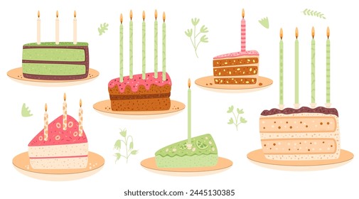 Birthday cakes portion on plate set isolated. Sweet holiday bakery pieces collection. Pastry chocolate pistachio, fruit and berry dessert slices with candles for event. Vector hand drawn illustration