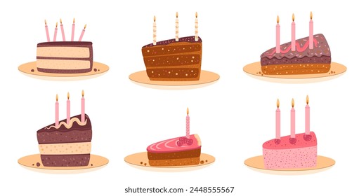 Birthday cakes portion set isolated. Sweet holiday bakery pieces collection. Pastry chocolate fruit, berry dessert slices with candles for breakfast. Vector hand drawn flat illustration
