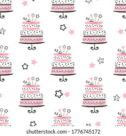 Birthday cakes seamless pattern. Anniversary background. Wrapping paper design.