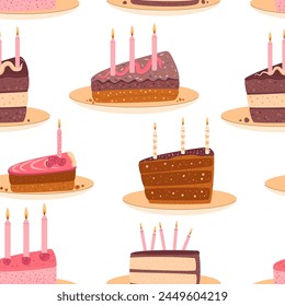 Birthday cakes seamless pattern. Celebration sweet bakery piece. Holiday pastry dessert background. Vector festive flat repeat cover illustration.