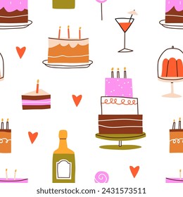 Birthday cakes, seamless pattern. Endless party background. Repeating holiday print with festive desserts, candles, champagne. Colored flat vector illustration for textile, fabric, wrapping design