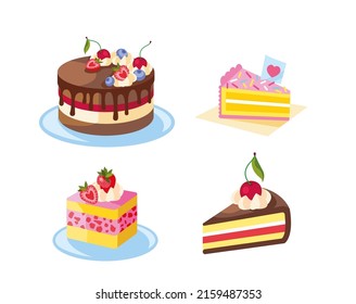 Birthday cakes set. Colorful decorated confectionary sweets with cream, chocolate and fruits for holiday festive event menu. Cartoon flat vector illustration