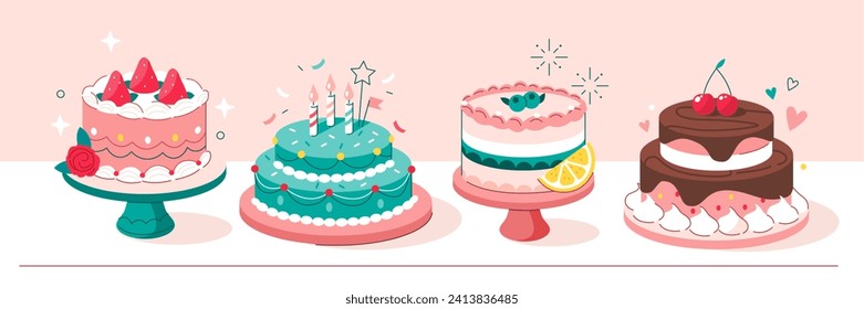 Birthday cakes set. Desserts variations with cream, chocolate, candles. Home made biscuit cake, bakery and pastry concept. Vector illustration 
