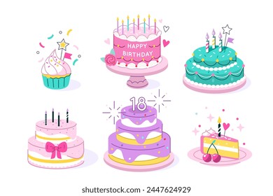 Birthday cakes set. Desserts variations with cream, chocolate, candles. Home made biscuit cake, cupcake, bakery and pastry concept. Vector illustration 