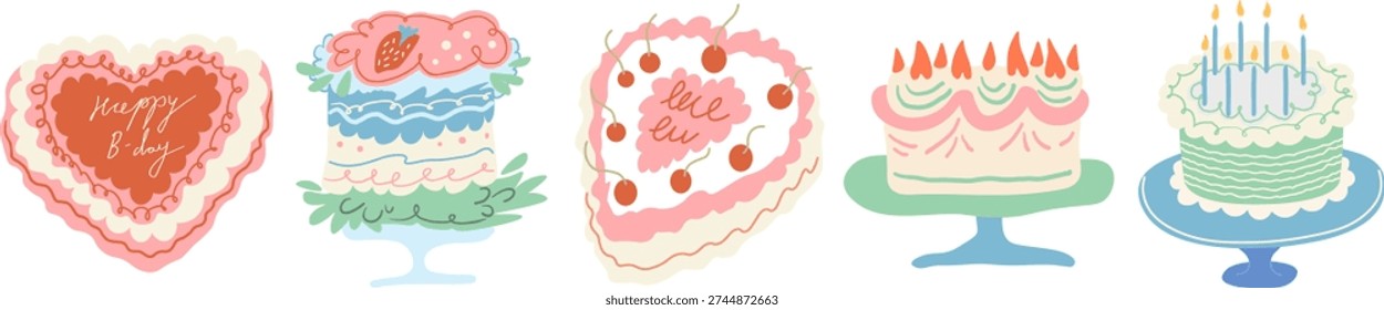 birthday cake's set in hand drawn style in vector. Elements for sticker decoration design mail posts postcards poster print invitation