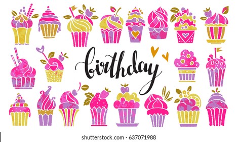 Birthday cakes set. Hand drawn isolated on white background. Handwritten font, lettering