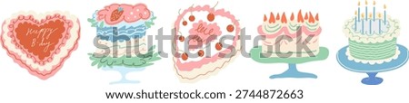birthday cake's set in hand drawn style in vector. Elements for sticker decoration design mail posts postcards poster print invitation