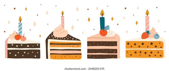 Birthday cakes set isolated on white background. Design for invitation or greeting card, poster. Flat hand drawn style