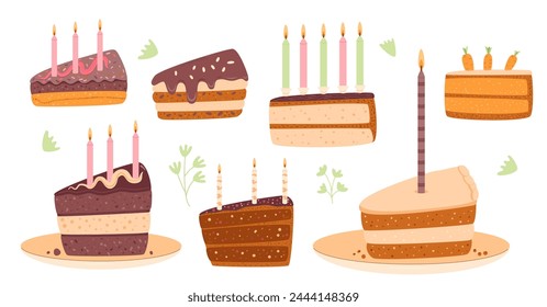 Birthday cakes set. Sweet holiday bakery pieces portion collection. Pastry chocolate fruit, berry dessert slices with candles for breakfast. Vector hand drawn flat illustration