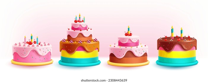 Los pasteles de cumpleaños establecen el diseño vectorial. Colección de tartas de cumpleaños con un colorido y delicioso sabor. Colección de elementos de la parte de la ilustración del vector.