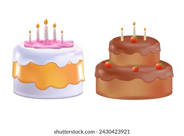 Birthday cakes set vector design. 3D realistic cake isolated. Birthday cake collection with colorful and yummy flavor. Vector illustration party elements collection.