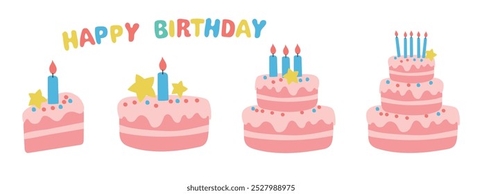 Birthday cakes set vector design. Birthday cake collection with  candles. Vector illustration party elements collection.