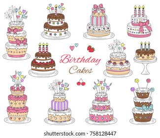 Birthday cakes set, vector hand drawn colorful doodle illustration. Cherry, strawberry and chocolate cakes with candles and other birthday party decorations, isolated on white background.